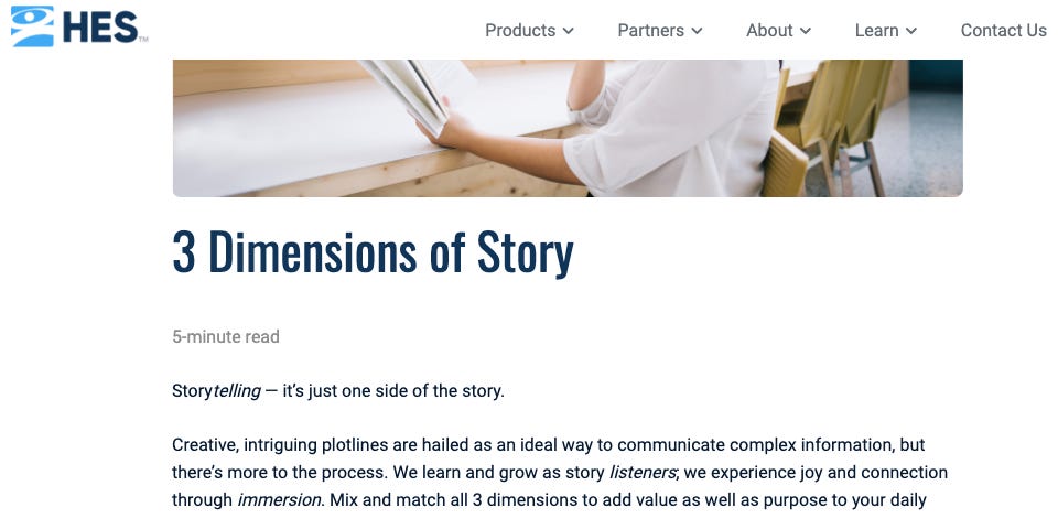Screenshot of a blog post called "3 Dimensions of Story."
