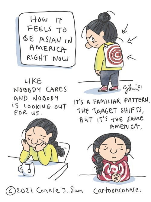 How It Feels To Be Asian In America Right Now Sketchbook illustration about how it feels to be Asian in American when hate crimes are surging, diary comic, journal, drawing by Connie Sun, cartoonconnie