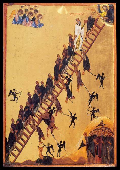Purgatory is depicted in an old painting as a ladder upon which souls are waiting to ascend to heaven, or fall to the depths of hell. The souls are surrounded by angels and demons, and above them are Jesus and the saints.