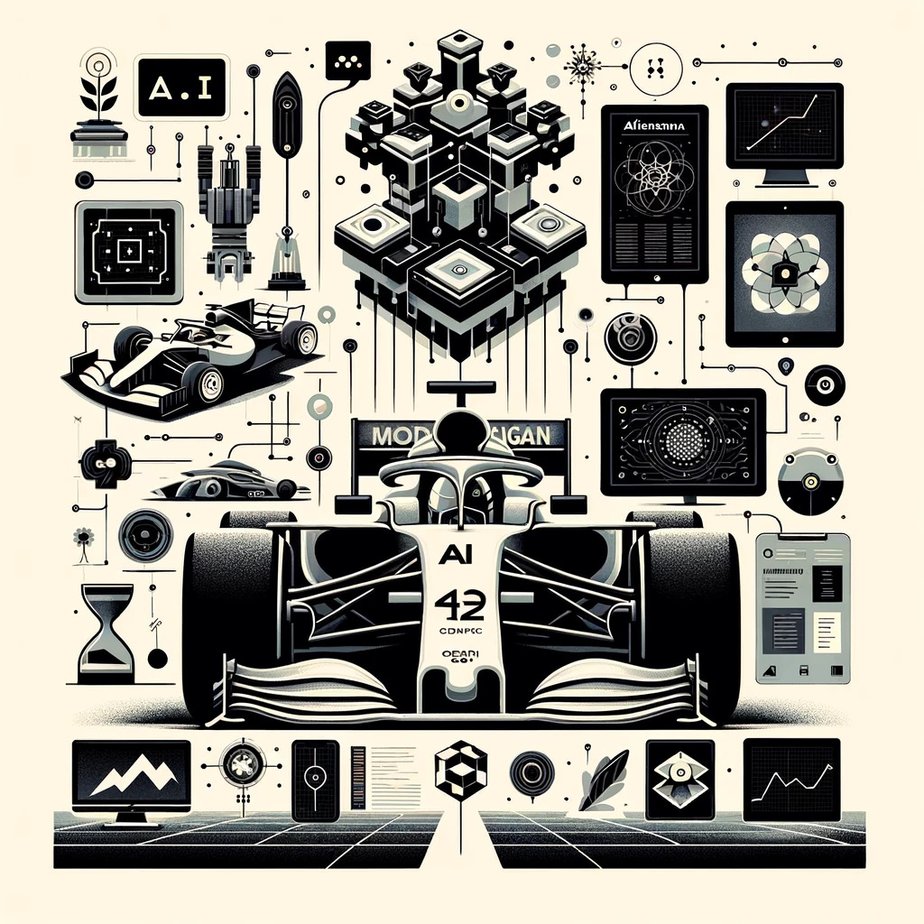 A minimalist black and grey scale illustration on an off-white background depicting various elements related to the impact of AI in different sectors: 1. An autonomous Formula 1 car equipped with cameras, lidars, and radars on a racetrack, symbolizing AI in sports. 2. A digital representation of 'Rovo', an AI-driven search engine by Atlassian, shown as an interface on a computer screen. 3. A stylized lab environment representing Moderna collaborating with OpenAI, featuring digital interfaces and robotic arms. 4. An abstract design symbolizing Apple's server AI chip, ACDC, with circuit patterns. 5. A graphical representation of a contract being analyzed by AI, symbolizing Docusign's acquisition of Lexion. 6. An iPad Pro with an M4 chip and OLED screen, emphasizing its advanced technology. This artwork combines the themes of technology and innovation in AI.
