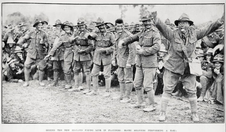 Behind the New Zealand firing line in Flanders: Māori soldiers performing a haka