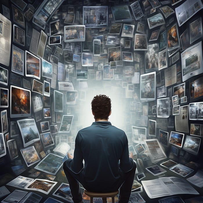 A man looking at a bunch of pictures while sitting in the middle, who is seemingly understanding all of the information that is being provided