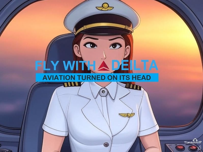 May be an image of airplane and text that says 'FLY WITH DEILTA AVIATION TURNED ON ITS HEAD TimestJup Times ÎUP'