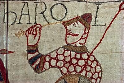 Death of King Harold showing an arrow in his eye, Bayeux Tapestry ...