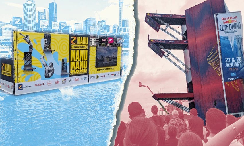 the manu world champtionships platform and the red bull diving platform, both utterly plastered with branding