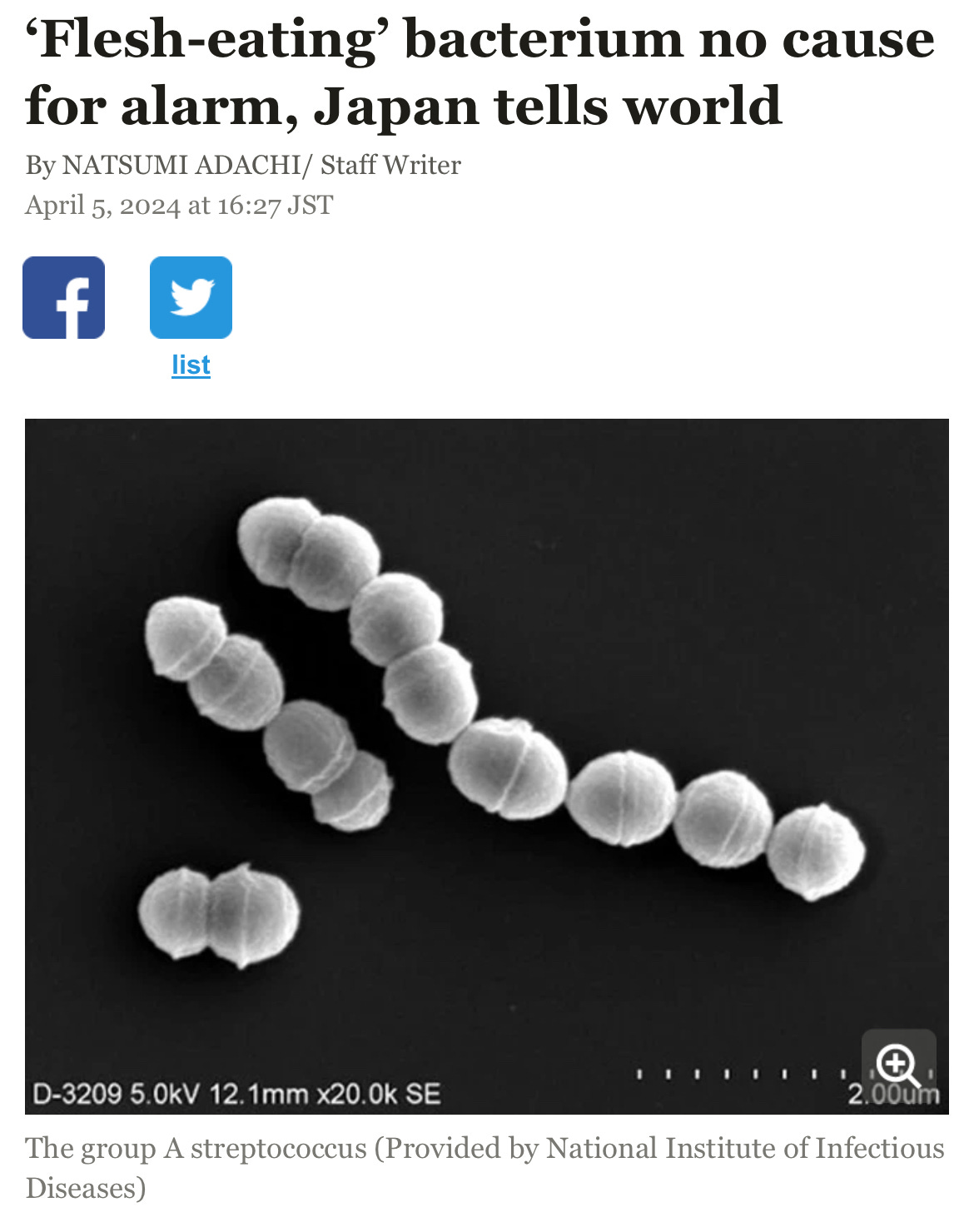 Screen shot of news article with the headline 'Flesh-eating bacterium no cause for alarm, Japan tells world' and a close up image of a chain of bacteria
