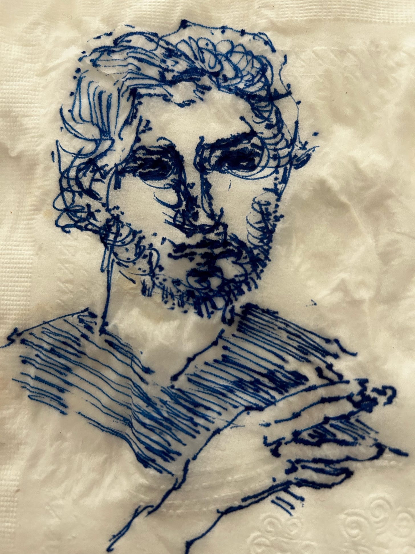 A hand drawn portrait of Ben Affleck on a napkin, with ink