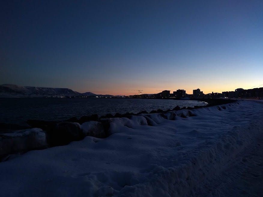 Landscape shot of Reykjavik from a distance along the coast at dawn
