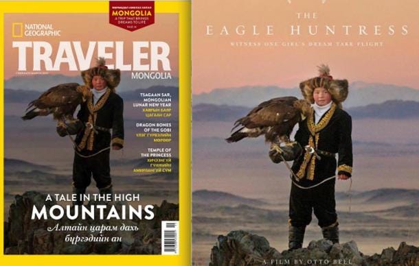 FIG 2.6. Aisholpan, National Geographic 2014, and Otto Bell's “The Eagle Huntress” Sundance poster 2016 FIG 2.6. Aisholpan, National Geographic 2014, and Otto Bell's “The Eagle Huntress” Sundance poster 2016