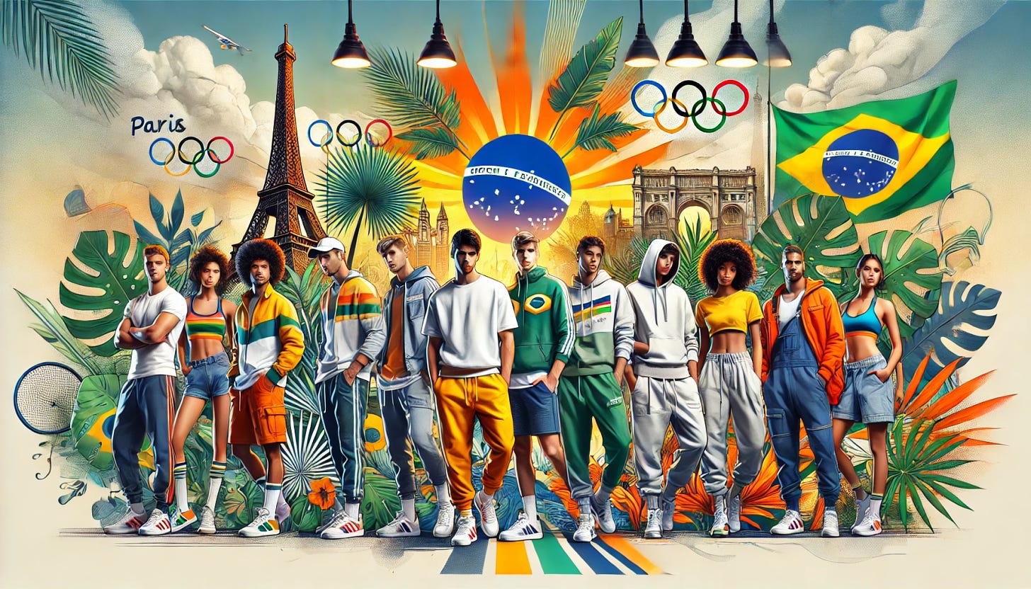 Create a banner that blends the style and elements seen in the uploaded image with themes of Brazil, the Paris Olympics, and casual fashion. The banner should feature a group of diverse models wearing casual, sporty outfits similar to those in the image, set against a backdrop that combines iconic Brazilian landscapes and Parisian landmarks. Include vibrant elements like tropical plants and the colors of the Brazilian flag. The composition should be dynamic and colorful, emphasizing a casual, sporty vibe that connects with the spirit of the Olympics and the urban style of Paris.