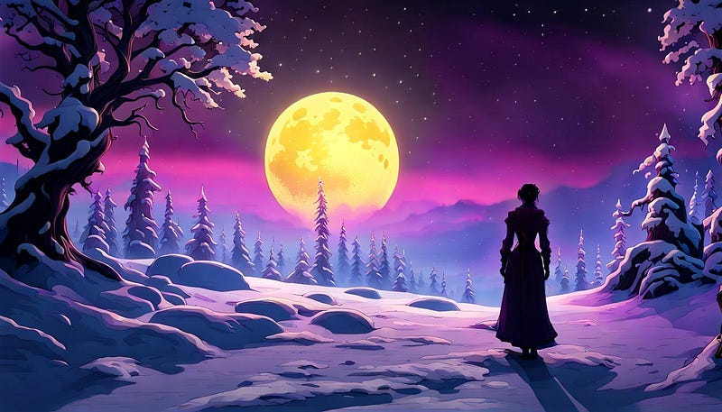 frosty moonlit night with woman sillhouetted black