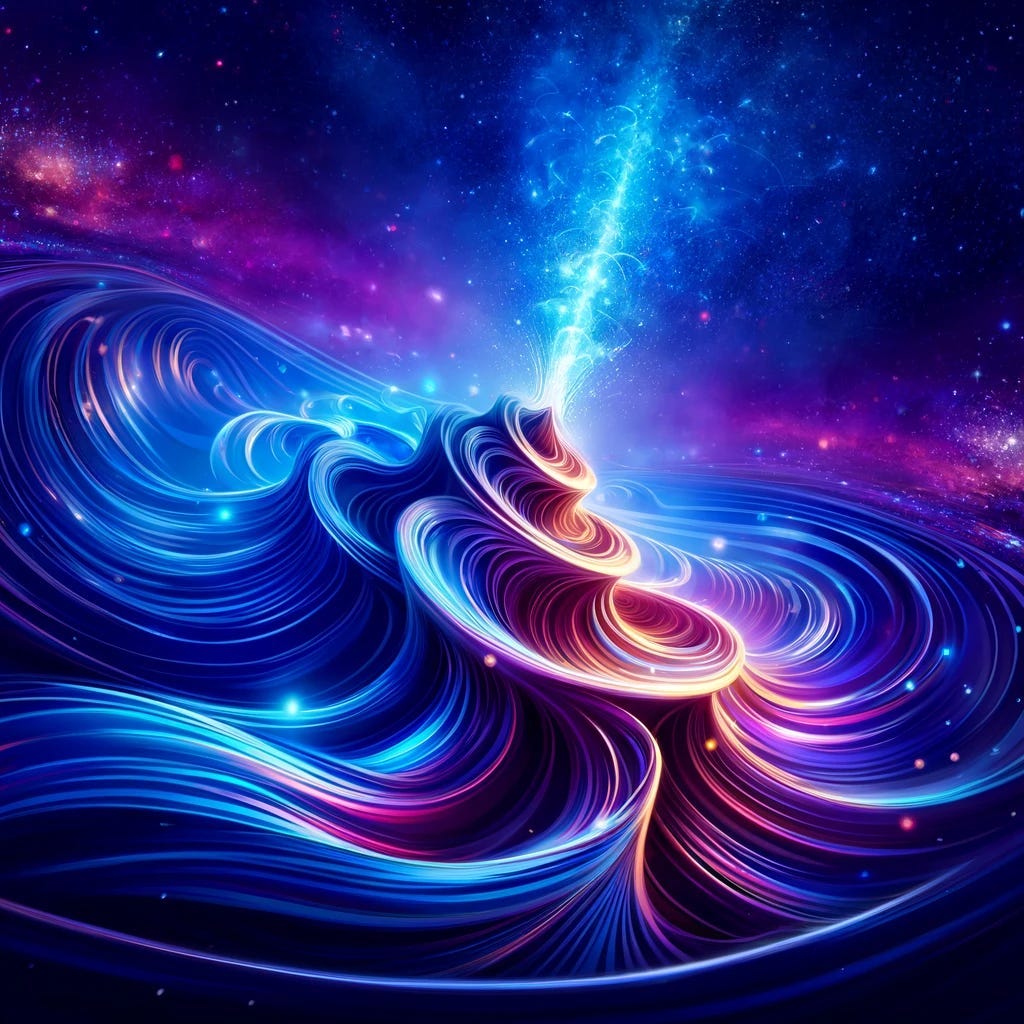 A vibrant, colorful illustration depicting energy particles in a quantum turbulent cascade. Swirls and waves of blue and purple hues dynamically flow from the center to the edges against a cosmic, deep space background, representing energy moving from smaller to larger scales in a mystical and unexpected upward movement.