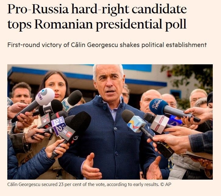 Lehet, hogy egy kép erről: 3 ember és , szöveg, amely így szól: „Pro Pro-Russia hard- right candidate tops Romanian presidential poll First-round victory of Călin Georgescu shakes political establishment ew news ピミ ស % CAONE Călin Georgescu secured 23 per cent of the vote, according to early results. © AP”