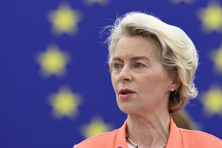 The president of the European Commission, Ursula von der Leyen, against a blurred backdrop of an EU flag in Strasbourg