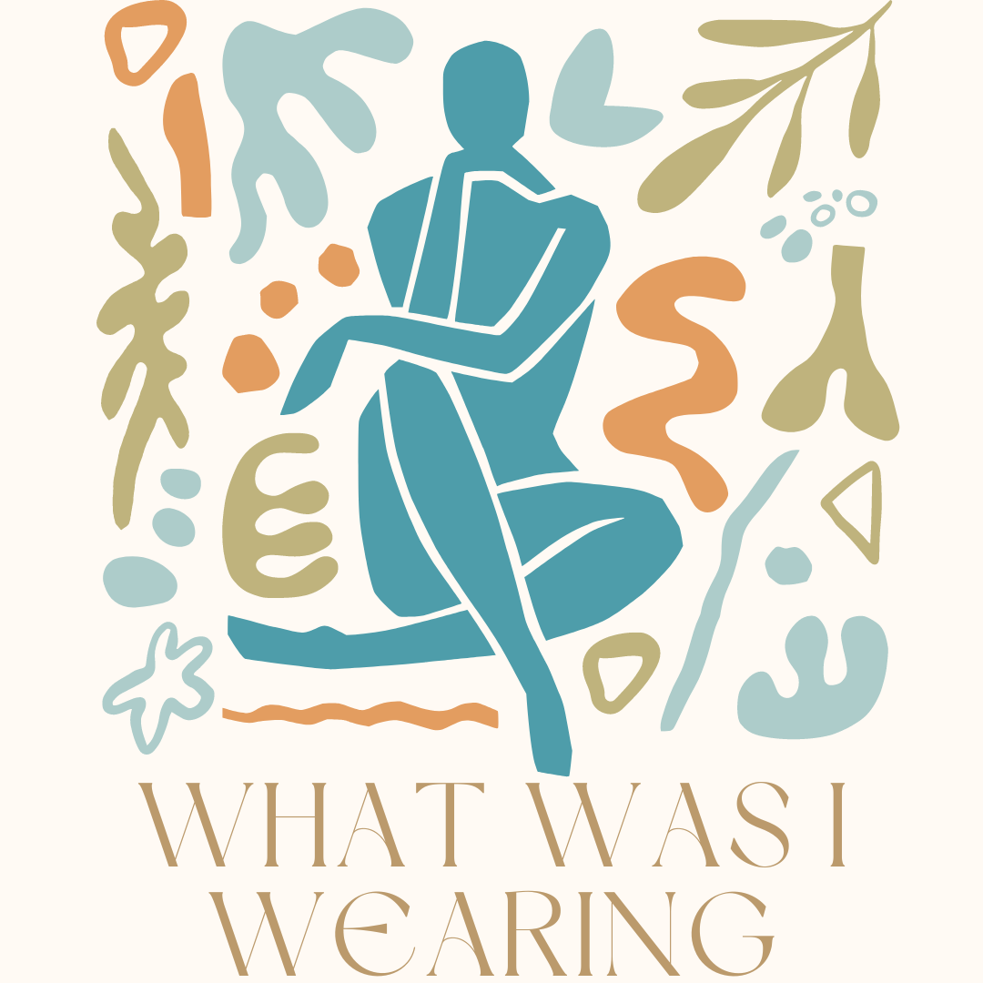 A square photo of a teal silhouette of a person with green, oange, and light blue various shapes surrounding it is set against a white background. The words "What Was I Wearing" in a light brown color is displayed at the bottom.
