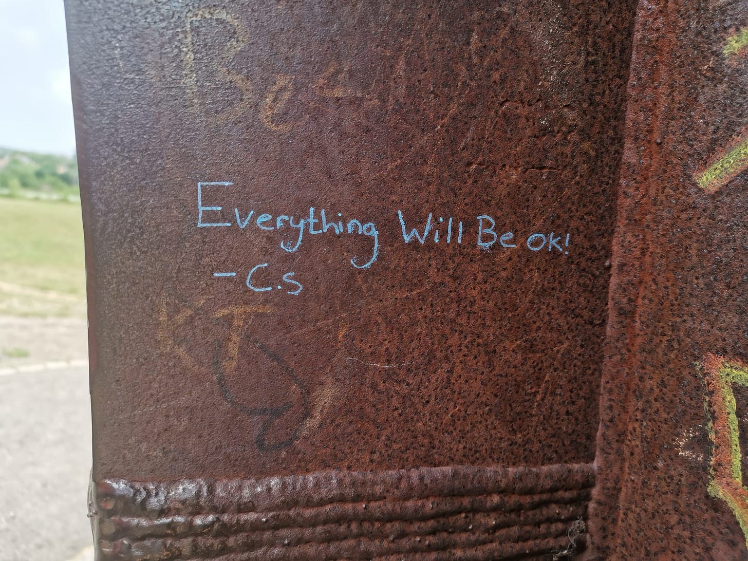 Graffiti on The Angel of the North says Everything Will Be OK