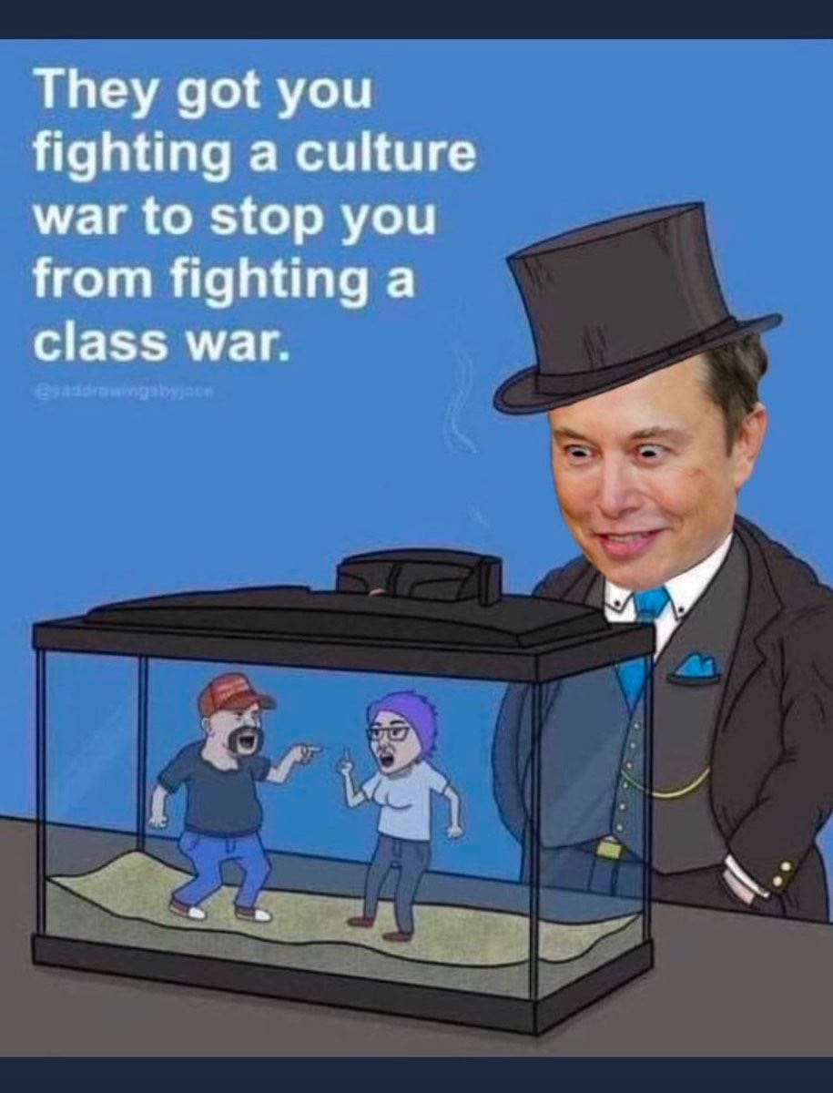 Elon Musk wears a top hat and stares into an aquarium, where a MAGA red hat guy argues with a purple-haired person. Caption: They got you fighting a culture war to stop you from fighting a class war.