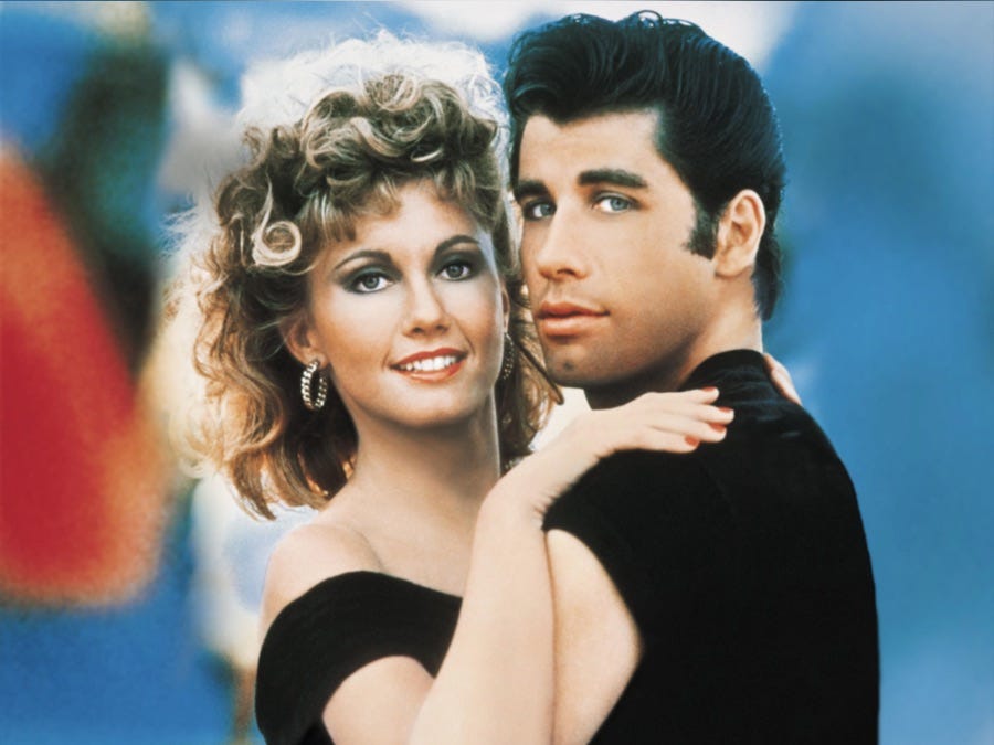 Olivia Newton-John and John Travolta as Sandy and Danny in Grease.