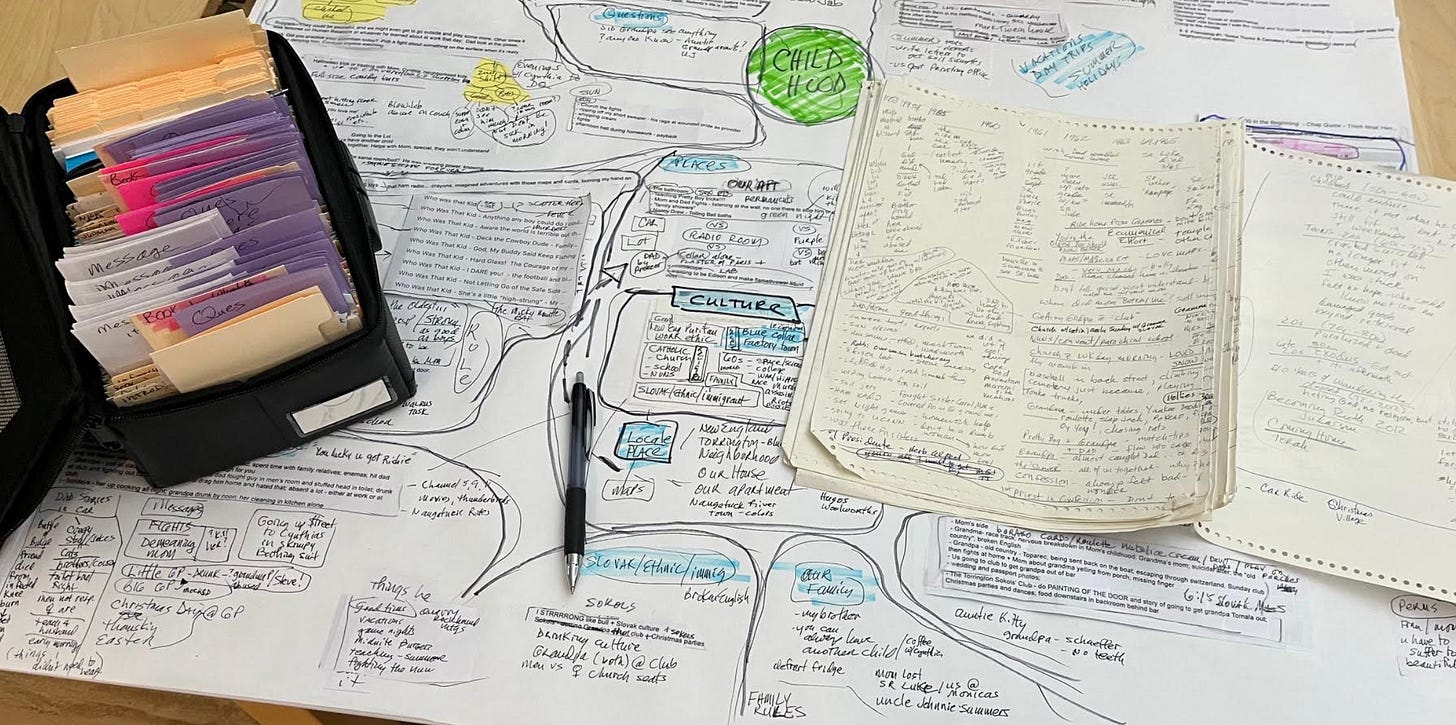 Picture of a huge sheet of paper with story details mapped on it; also a pen, and a box of index cards of notes, and another folded sheet of paper with life timeline on it