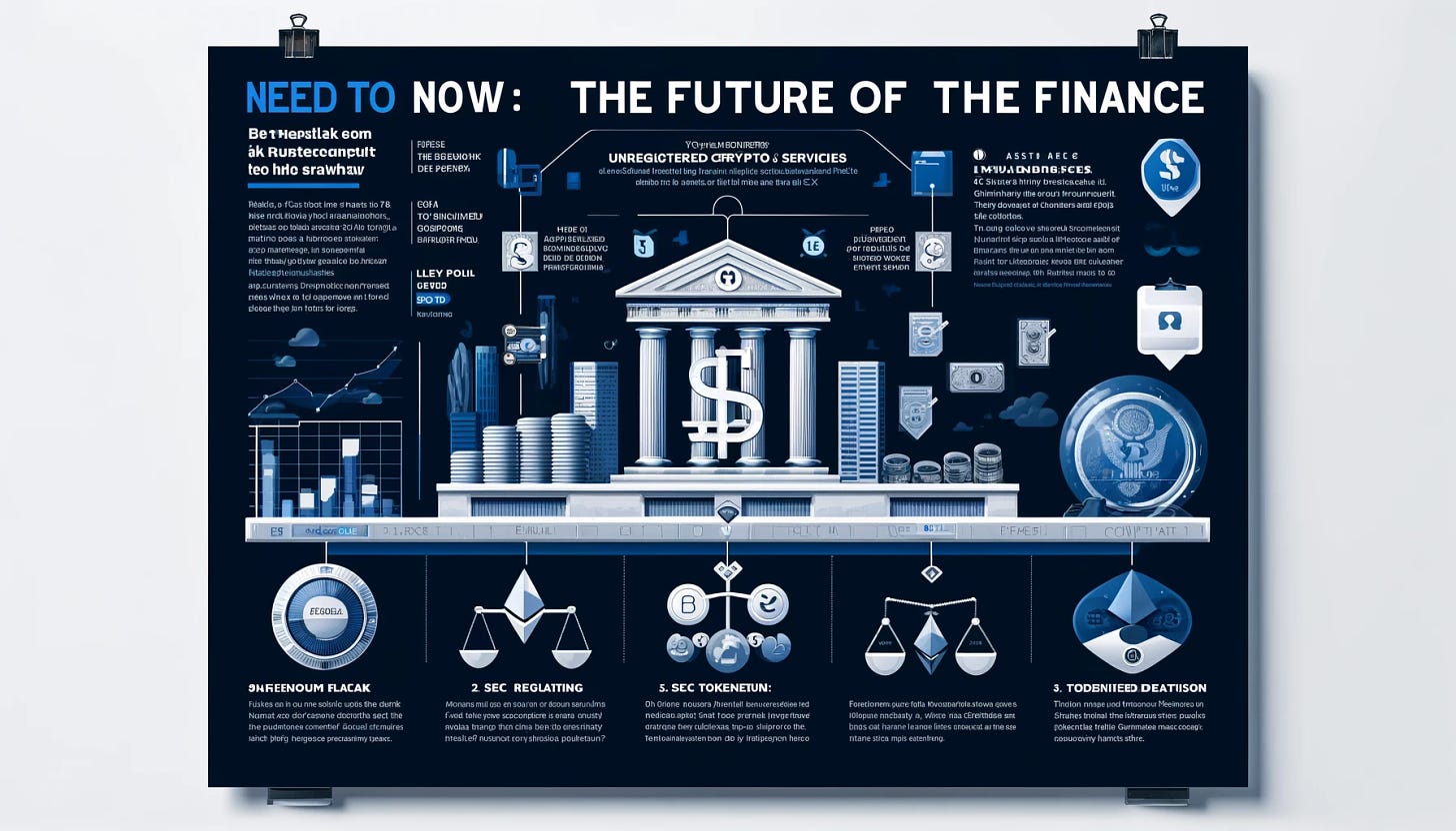 A realistic infographic in a 16:9 format, titled 'Need to Know: The Future of Finance'. The infographic should clearly outline key points from the discussed articles: 1. FBI warning on unregistered crypto services and the importance of using compliant platforms. 2. ConsenSys' legal battle with SEC over Ethereum regulation. 3. The inevitable rise of asset tokenization and its benefits like liquidity and transparency. The design should be sleek and modern, with icons representing the FBI, legal scales, Ethereum, and tokenized assets. Use a professional color palette of blue, gray, and white, and include engaging charts and visual elements to illustrate the key points.