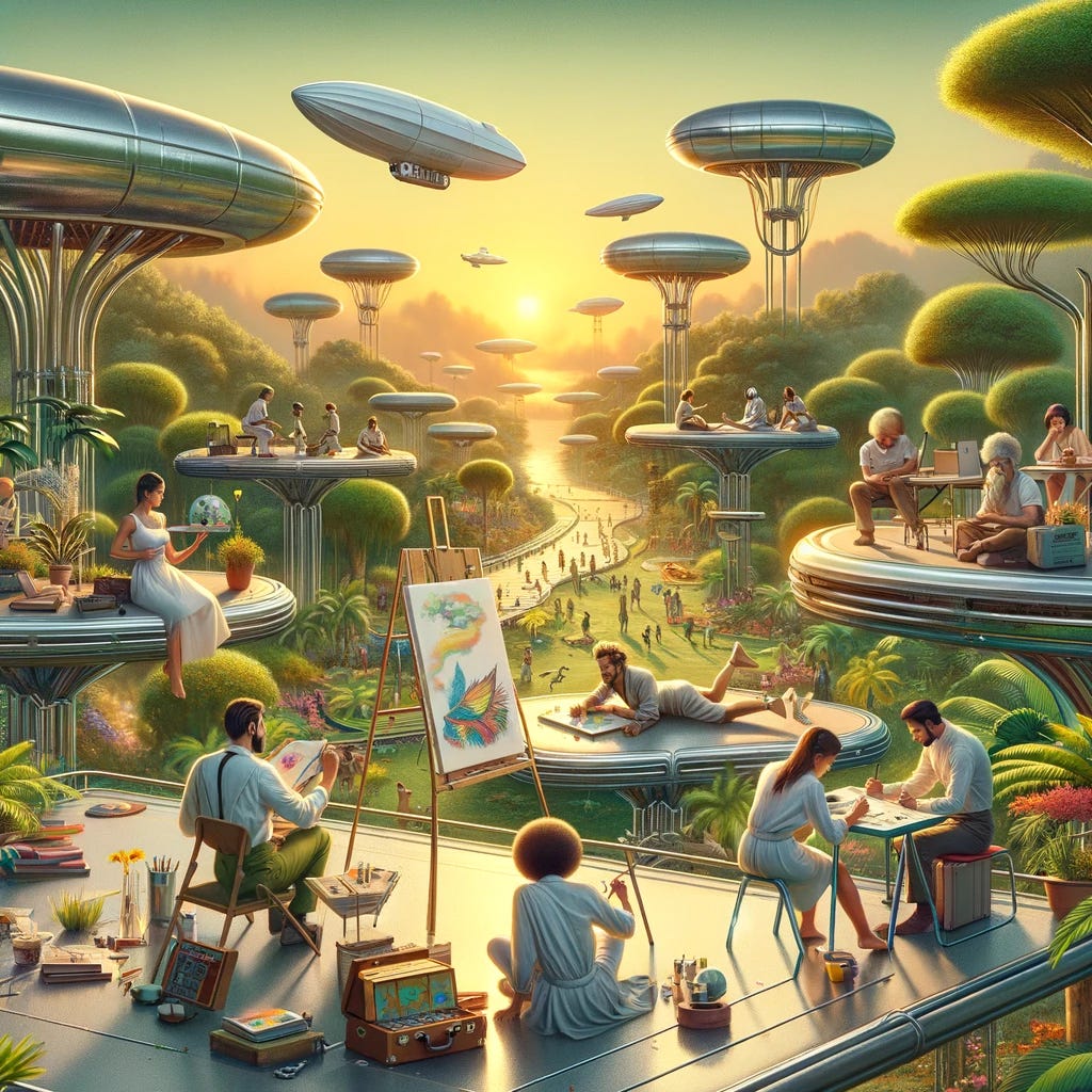 A retrofuturistic depiction of paradise, now populated with people engaging in thoughtful and creative activities. The scene includes individuals of diverse descents, some sitting on the floating platforms and others in the lush gardens. They are deeply engrossed in thinking, writing, and painting. One person is painting on a canvas set up amidst the oversized plants, another is writing in a futuristic-looking notebook, and a third is sitting on a bench, lost in thought. The airships and chrome structures remain in the background, with the sunset casting a warm, golden hue over the entire landscape.