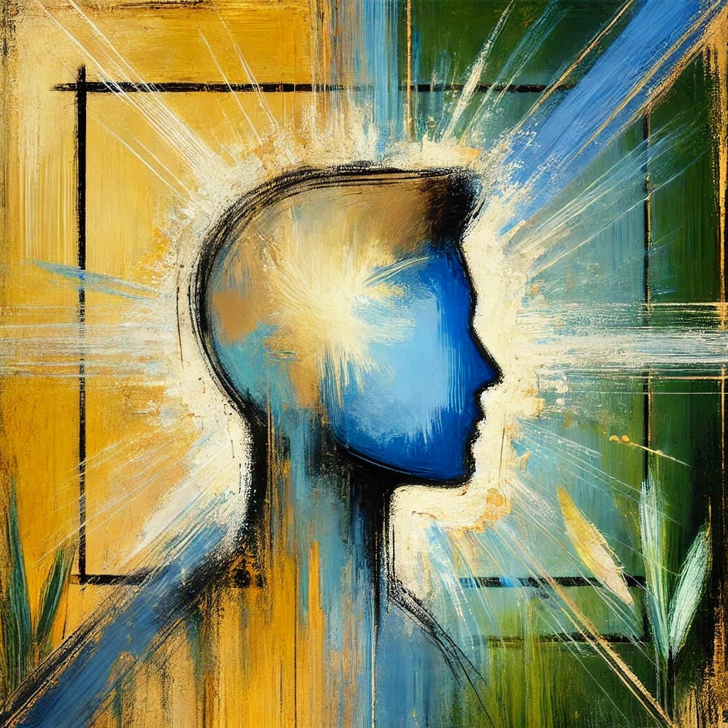 An abstract painting focusing on the theme of charm and projection, inspired by the allure of a charismatic figure. The central object is an abstract human silhouette, embodying youthful confidence, rendered in bright hues of gold and light blue. The figure stands against a flat, textured background composed of shades of green, blue, and black, representing the complexity of perception and admiration. Bold, expressive brushstrokes create dynamic shapes around the figure, symbolizing the influence on others. The flatness and simplicity evoke a sense of projection, playfulness, and flattery.