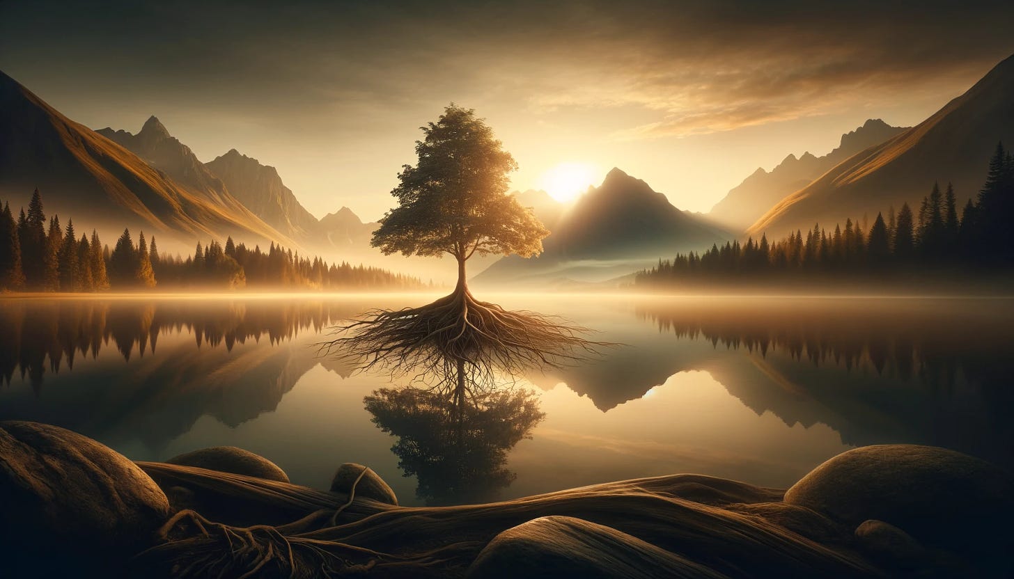Create a landscape image depicting the concept of quiet strength. Visualize a serene and peaceful natural landscape, perhaps a calm lake with mountains in the background under a soft dawn light. In the foreground, a single tree stands resiliently, its roots visible and deeply entrenched in the earth, symbolizing stability and quiet endurance. The overall mood of the image should convey tranquility, resilience, and the power of silent perseverance in the face of challenges. The image should be warm and inviting, with soft colors that evoke a sense of calm and strength.