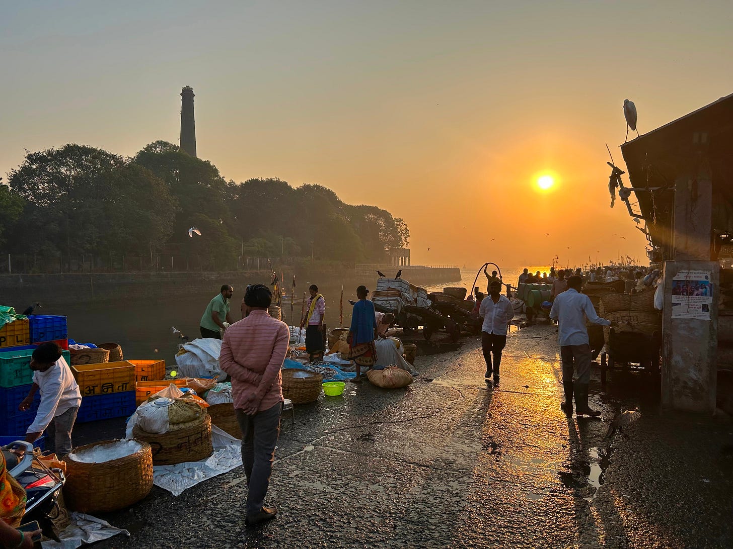 A sun rising over a dock in India, people walking, crates and baskets of fish lined up along the street. 