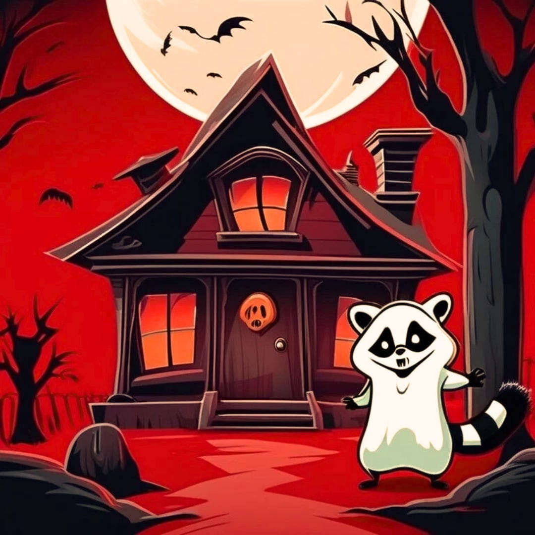 A haunted house with an orange jack-o-lantern on the door and the ghost of a raccoon out front. In the background, there are trees that don't have any leaves and bats.