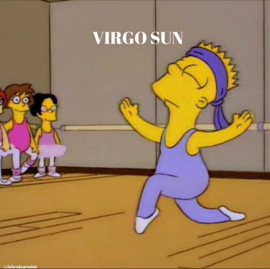 An image of Skippy Simpson in a lavender leotard and purple bandana crouching down on his right knee with his hands in the air. The text above reads, "Virgo Sun"