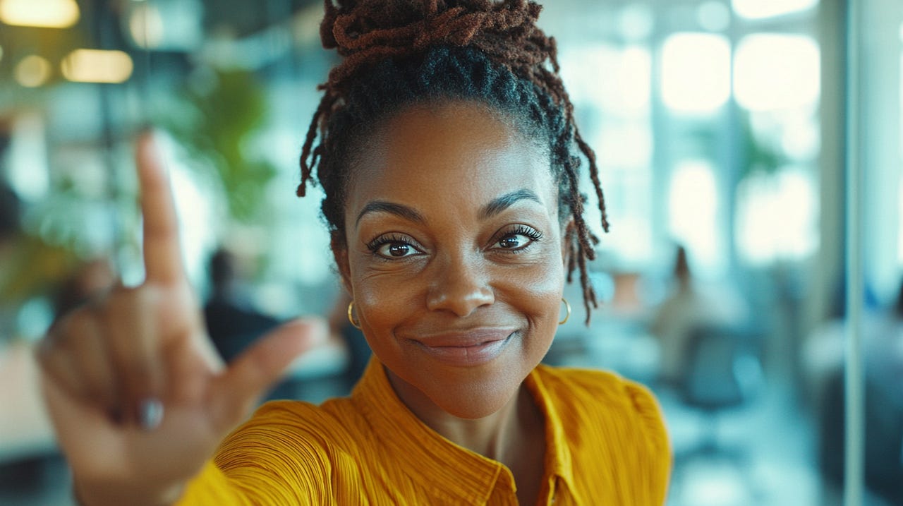 A slighly smiling, hopeful fifty-something year old dark-skinned Black Woman with dreadlocks pulled up in neat high bun, in a modern office space, reaching well defined human hand towards the camera, only five fingers, modern chaotic busy scene shooting 1000 colorful well dressed people, magic, beautiful, romantic, success and ambition, realistic, high-definition shooting by Miyazaki Hayao, HD