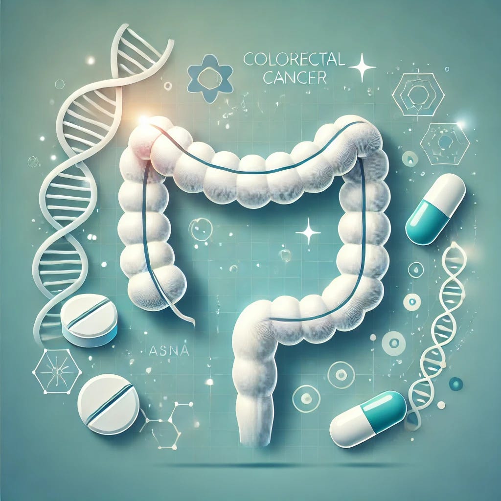 A clean, modern medical illustration depicting colorectal cancer research. The image features a symbolic representation of the colon with simplified, clear anatomy, paired with icons of aspirin tablets to indicate treatment. A subtle DNA strand is integrated into the background, symbolizing innovation and research. The design is professional, approachable, and emphasizes clarity and positivity, with soft blue and green tones to convey hope and health. The overall style is minimalistic and visually appealing, suitable for a scientific article on colorectal cancer treatment advancements.