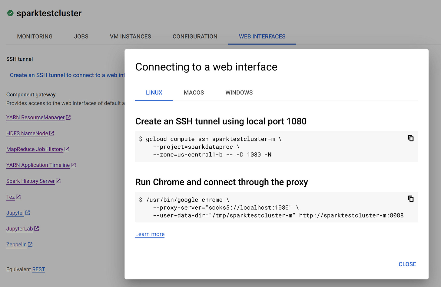 Spark Test Cluster Web Interface using SSH