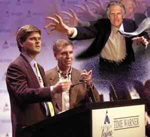 From left, AOL’s Steve Case, Time Warner’s Gerald Levin and time-traveling Ted Turner.