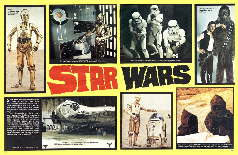 Star Wars spread from the 2000AD summer special, featuring first look images of C3P0, R2-D2, Stormtroopers, Jawas, The Falcon, and Han Solo and Chewbacca.