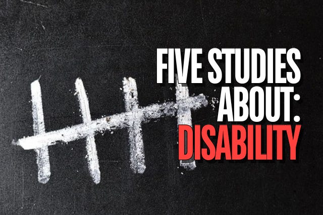 "Five Studies About: Disability" appears in the foreground. The background is a blackboard with five thick tally marks written in chalk.