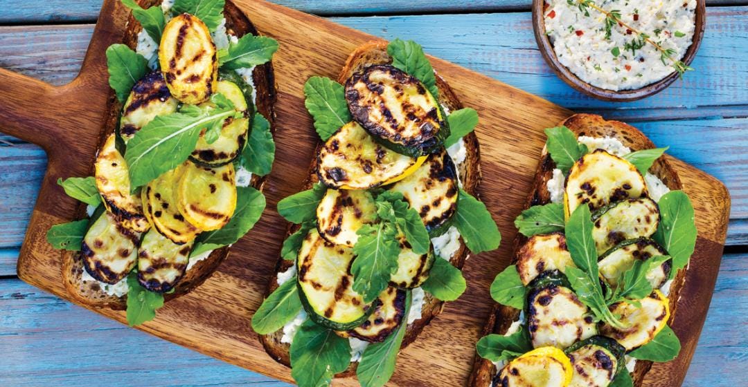 Grilled Toasts with Whipped Lemon-Thyme Feta and Summer Squash; Cook the Vineyard