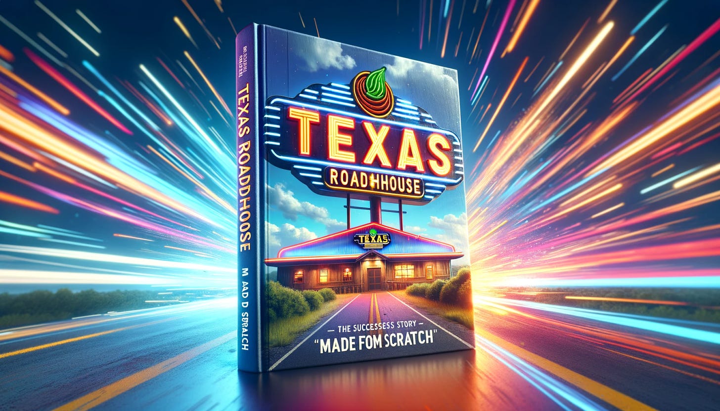 A 3D visual of the book 'Made From Scratch' in concept art style, presented in a wide aspect ratio. The book features a cover with bold text and the Texas Roadhouse sign. The background is dynamic and colorful, reflecting the energy and success story of the book. The scene should include the book standing out prominently with a creative, artistic touch, capturing the essence of Texas Roadhouse and the journey described in the book.