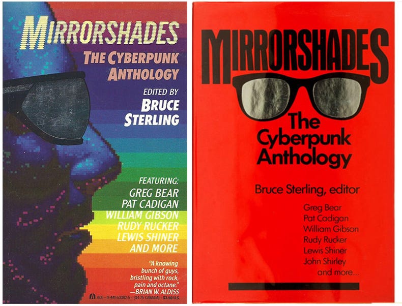 Composite image of two book covers for the Mirrorshades cyberpunk anthology.