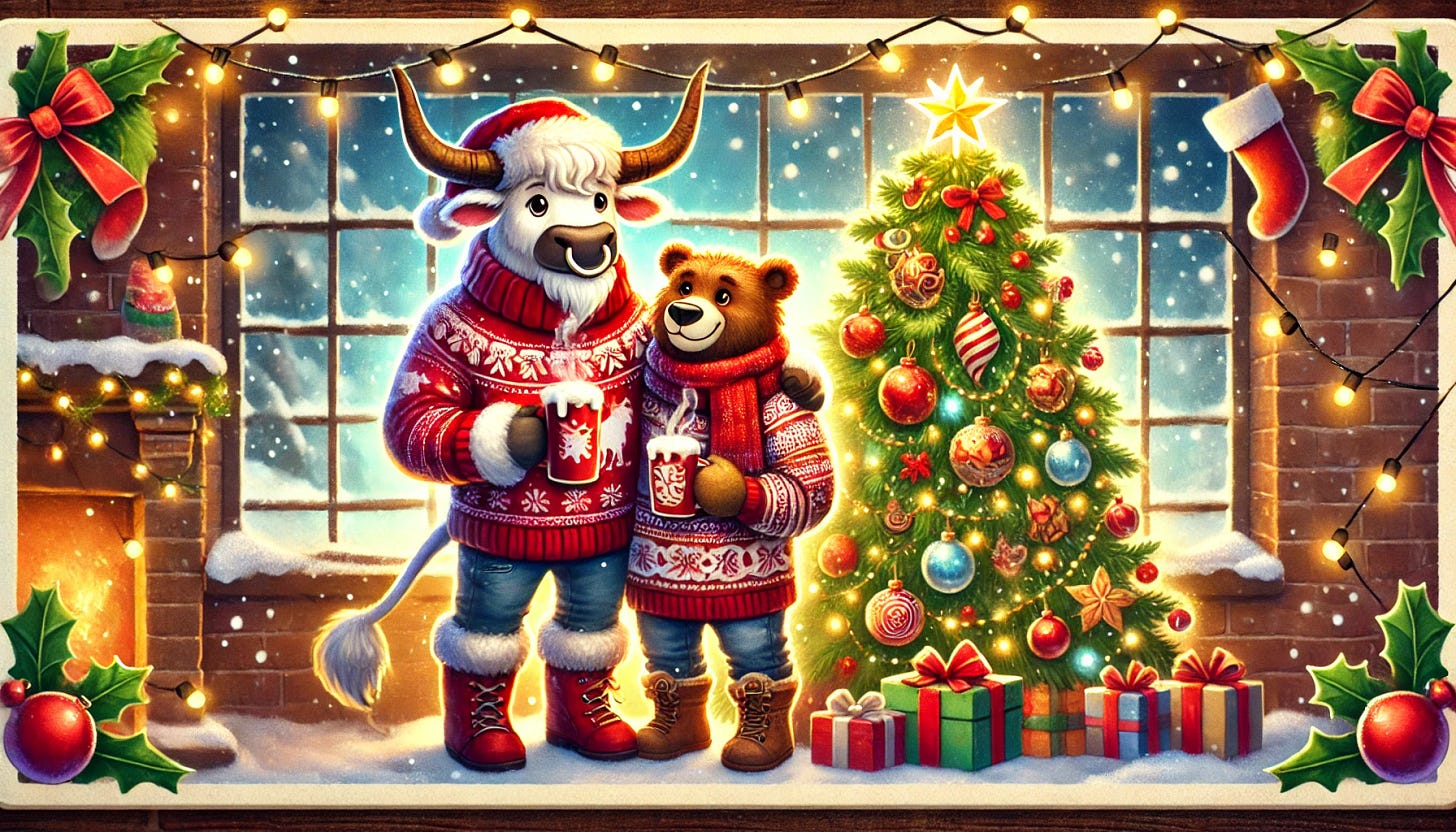 A festive and whimsical rectangular illustration of an anthropomorphic bull and bear standing together in front of a beautifully decorated Christmas tree. The bull is wearing a stylish holiday sweater and Santa hat, while the bear is adorned with a cozy scarf and holding a cup of hot cocoa. The Christmas tree is adorned with twinkling lights, colorful ornaments, and a glowing star on top. The scene is set in a warm and inviting holiday atmosphere, with wrapped presents under the tree and a snowy window in the background. The bull and bear display a friendly and cheerful demeanor, symbolizing holiday spirit and harmony.