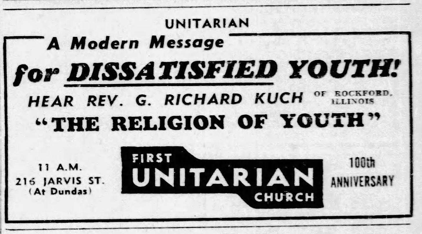 An advertisement from the Toronto Star in 1945 for a lecture by G. Richard Kuch about the unitarian church