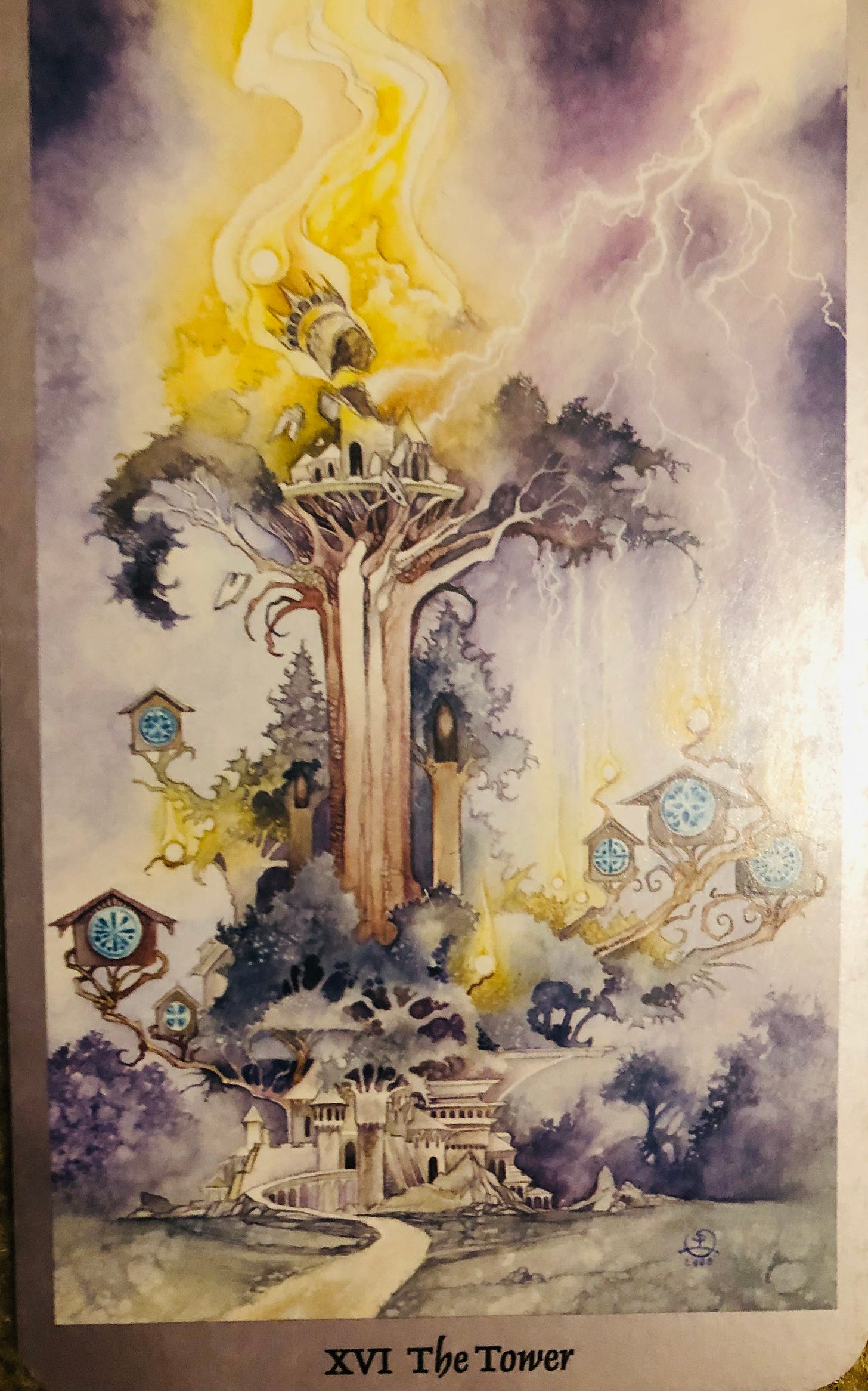 16th card of a tarot deck: The Tower - lightning blasts the towering tree beneath which countless homes are sheltered. The blaze spreads, destroying everything in sight.