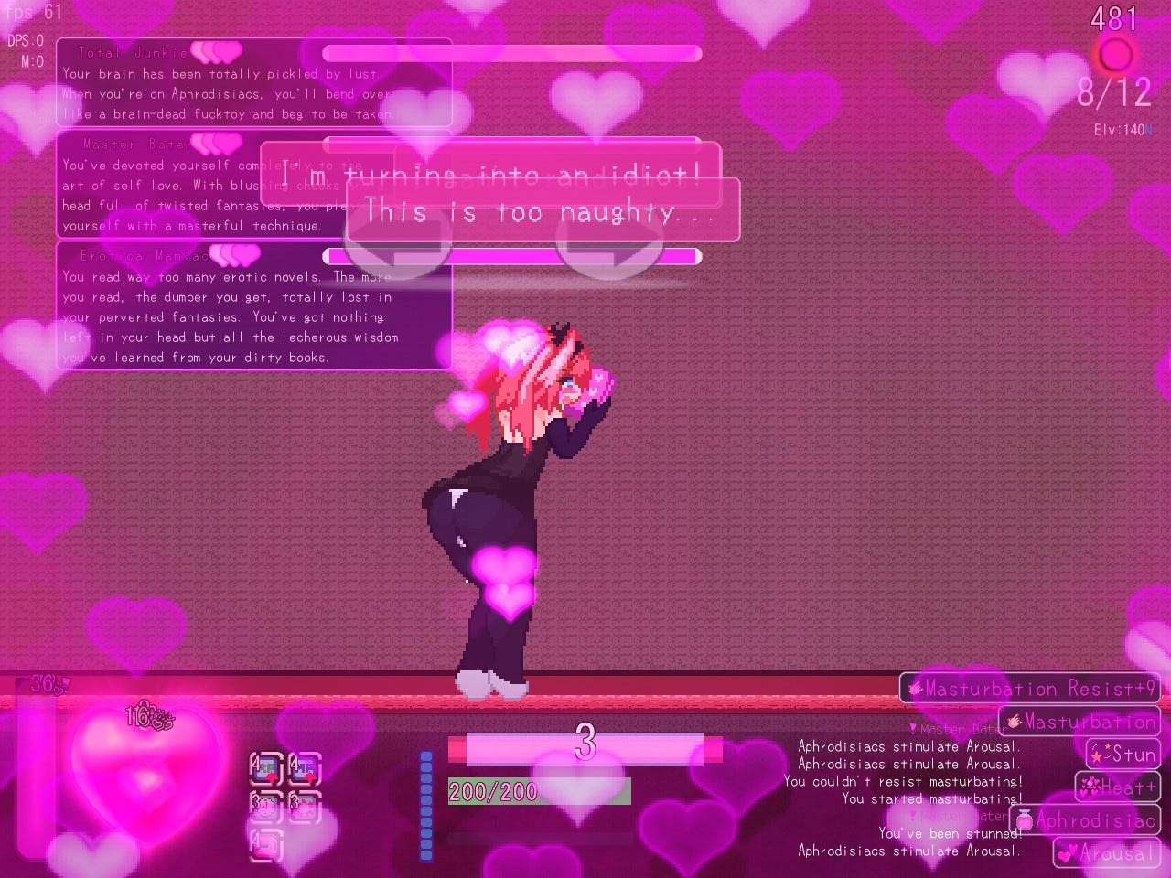 A pink-haired girl is drooling while reading an erotic book. The screen has a pink hue and is full of pink hearts