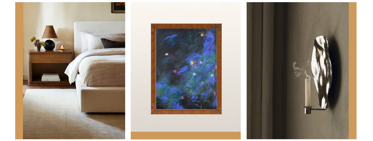 Solid rug; artwork; candle sconces