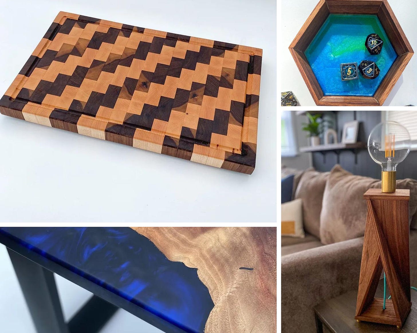 A photo collage of Adam’s work. The photo on the top left is of a cutting board. It’s a larger end-grain design with juice grooves and carved handles. It’s light brown colored and has a repeating zigzag pattern of darker wood. The top photo on the right is of a hexagonal epoxy and mahogany Dungeons and Dragons dice tray. It’s taken from above and features a glittery blue green bottom. In the photo on the bottom right, you see a black walnut lamp with an exposed Edison bulb, brass accents, and a teal cord. It rests on a dark wooden coffee teal beside a tan couch in a living room. The photo on the right is a close up of a table featuring a deep blue epoxy edge and a black metal table leg. 