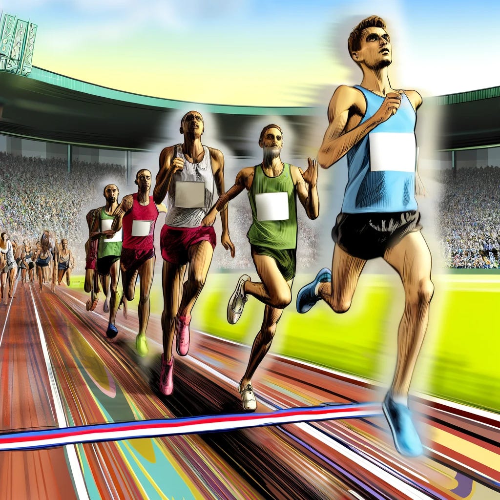 A dynamic digital illustration capturing the intense moment just before several runners pass the finish line of a race. The scene is filled with determination and energy, with the runners' expressions conveying a mix of exhaustion and resolve. They are in close proximity to each other, showcasing the competitiveness of the race. The finish line is marked by a brightly colored banner, and the ground is lined with cheering spectators, their hands blurred from clapping and cheering. The background is a stadium filled to capacity, creating an atmosphere of excitement and anticipation. The sky is clear, suggesting the race is taking place on a beautiful day. The focus is on the runners, with their bodies leaning forward towards the finish line, muscles tensed, and sweat visible on their faces, capturing the culmination of their hard work and dedication. Drawn with: vivid colors to enhance the vibrancy of the scene, and digital techniques to emphasize motion and the intensity of the moment.