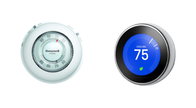 A traditional Honeywell thermostat and a Nest Thermostat smart home device.