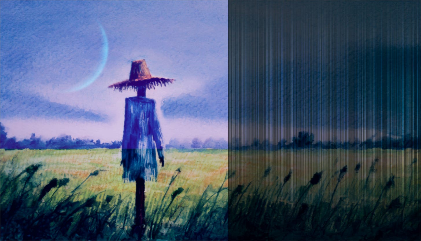 Image vaguely after the style of Magritte: a scarecrow standing stage right staring across a field at a large twilight moon, theater curtains pulled stage left.