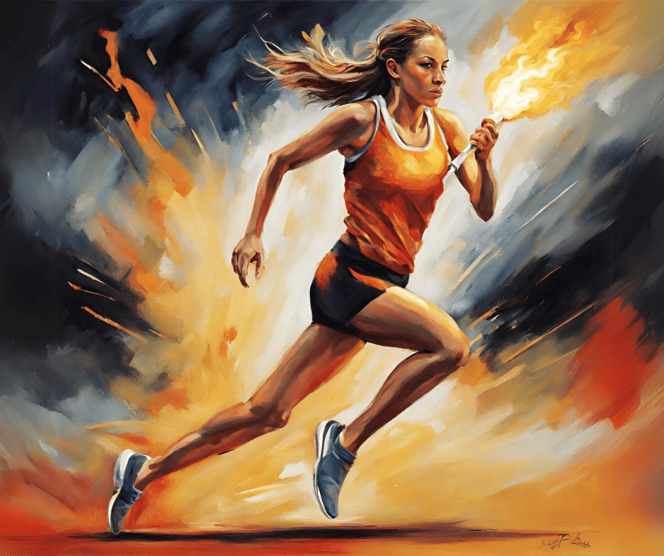 female track athlete running with torch