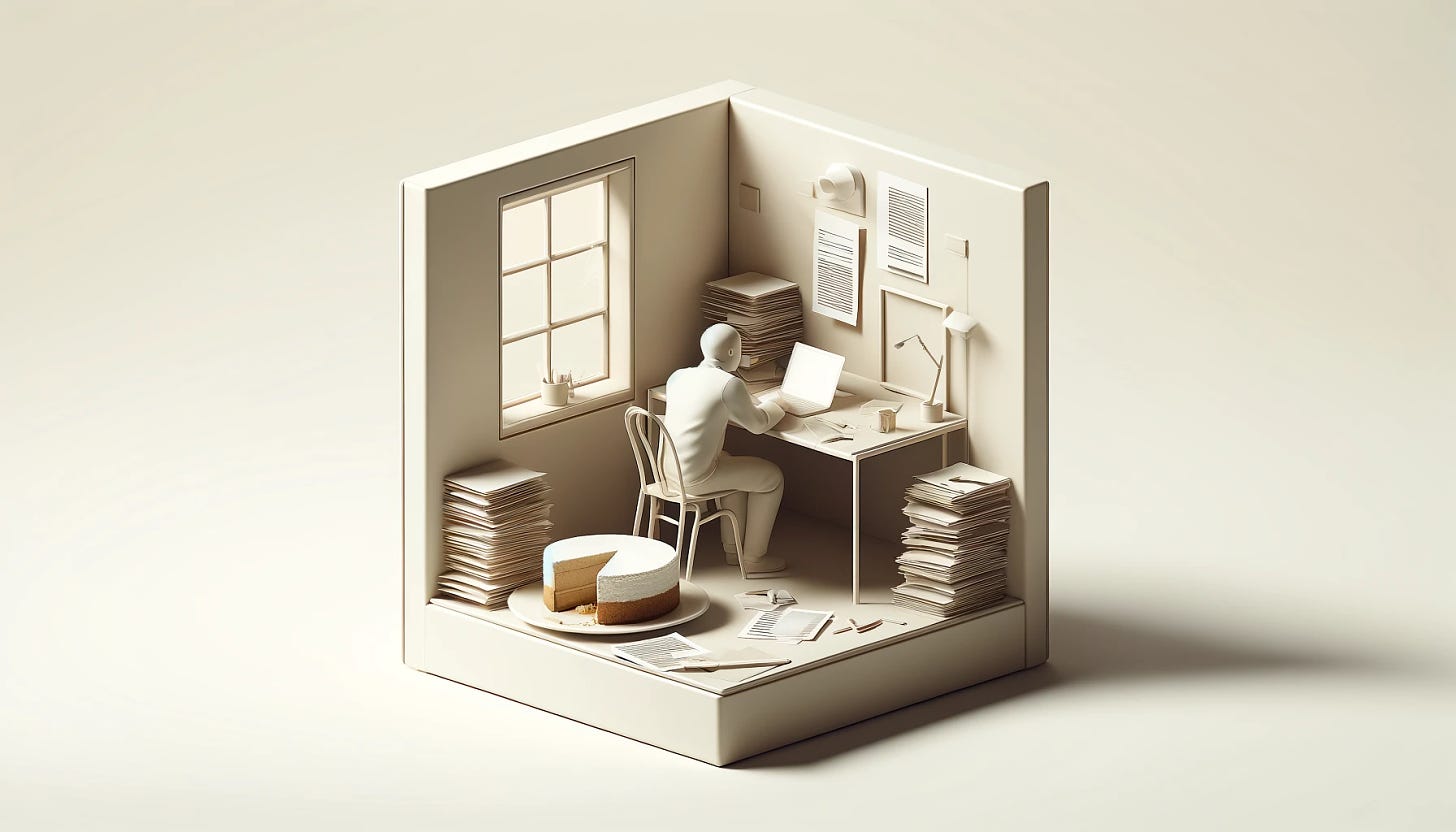 A minimalistic and refined design representing the concept of experimentation and practice in daily life. The image shows a person in a simple, modern room, sitting at a small desk filled with scattered papers and a laptop. A half-eaten cheesecake sits on the desk, symbolizing indulgence and the physical effects of overdoing it. The room has a large window with soft natural light, adding a sense of contemplation and time passing quickly.